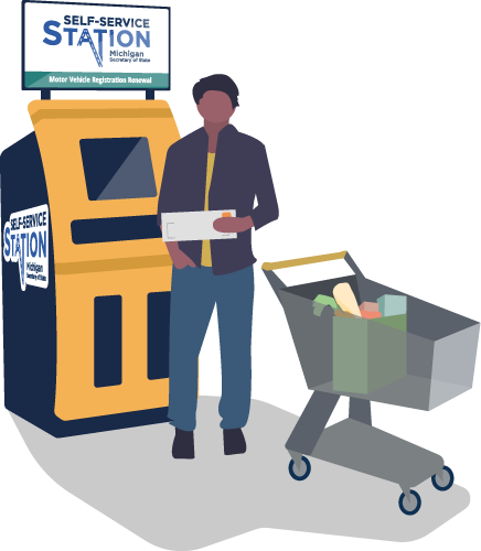 Illustration of guy with new registration, grocery cart, and kiosk