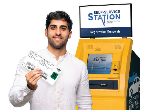 Man holding registration standing in front of a DMV kiosk