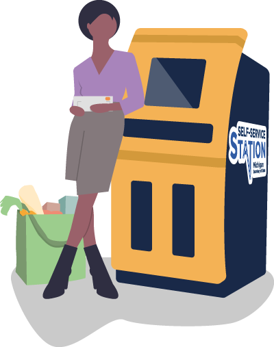 Lady with grocery bag renewing registration at a DMV kiosk
